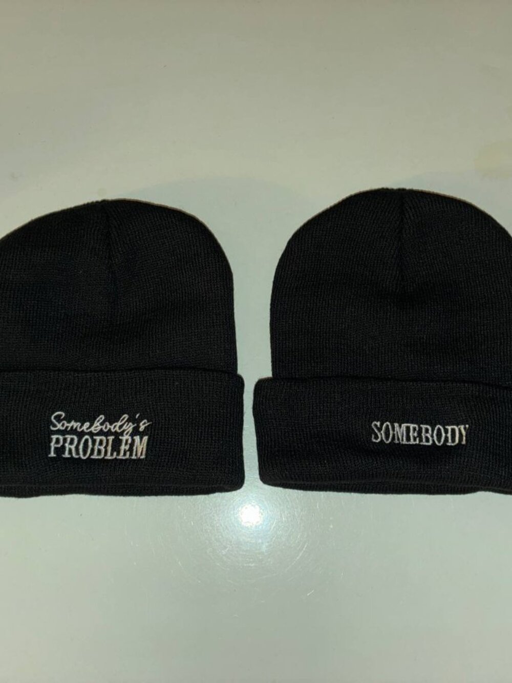Lot of 2 "Somebodys Problem" Beanies - New Black Bundle Hats Couple Friends